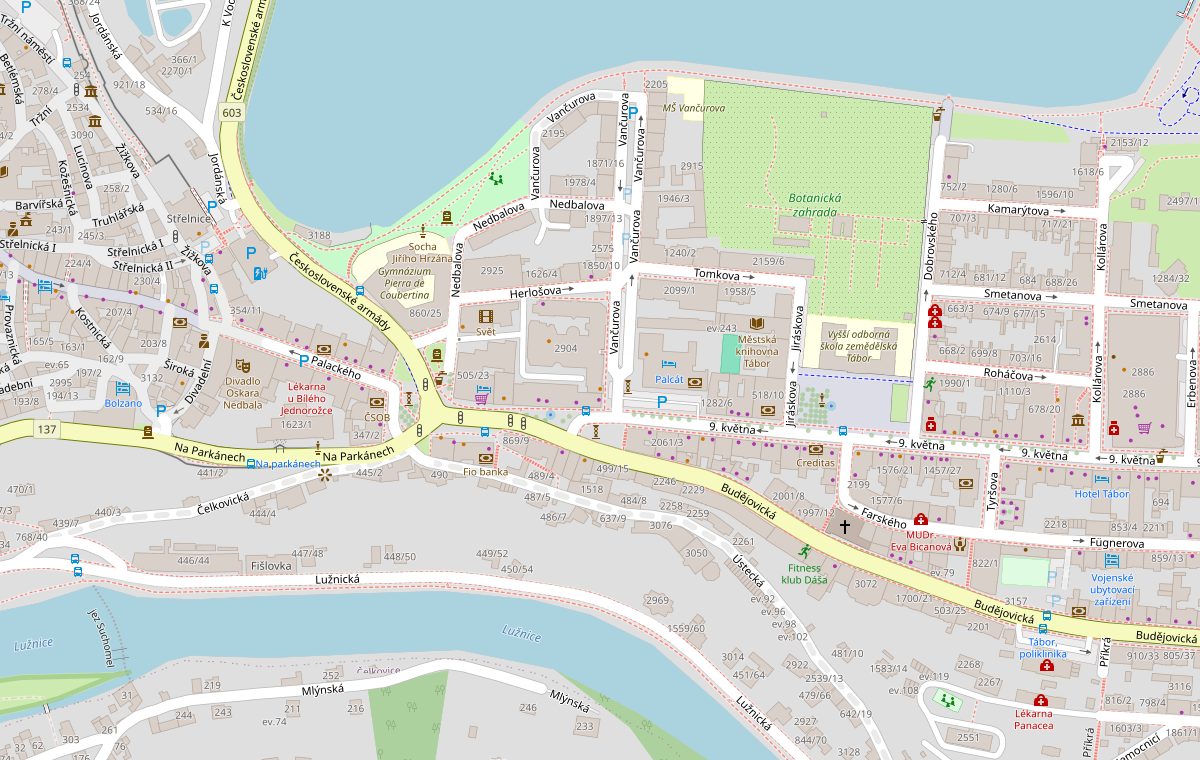 Mapa okolí kanceláře — Vančurova 2904, 390 01 Tábor